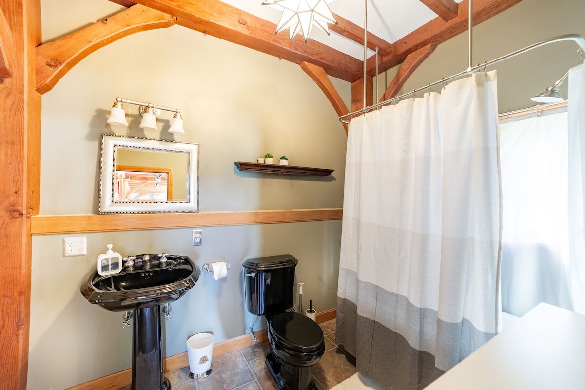 A modern bathroom with a black toilet, sink, and shower curtain.