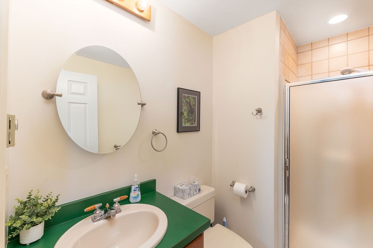 A clean and well-maintained bathroom with a green countertop, white sink, and round mirror.