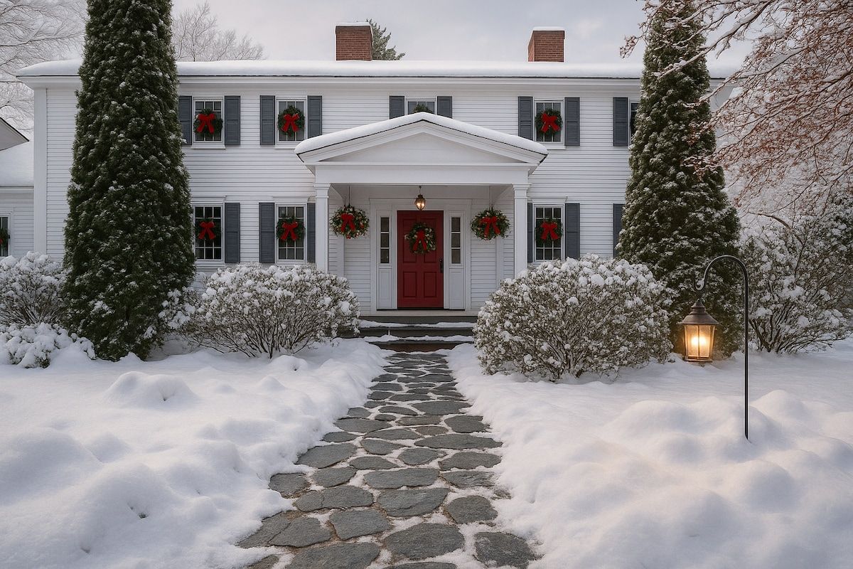 A large white house with a red door and Christmas wreaths on the windows.