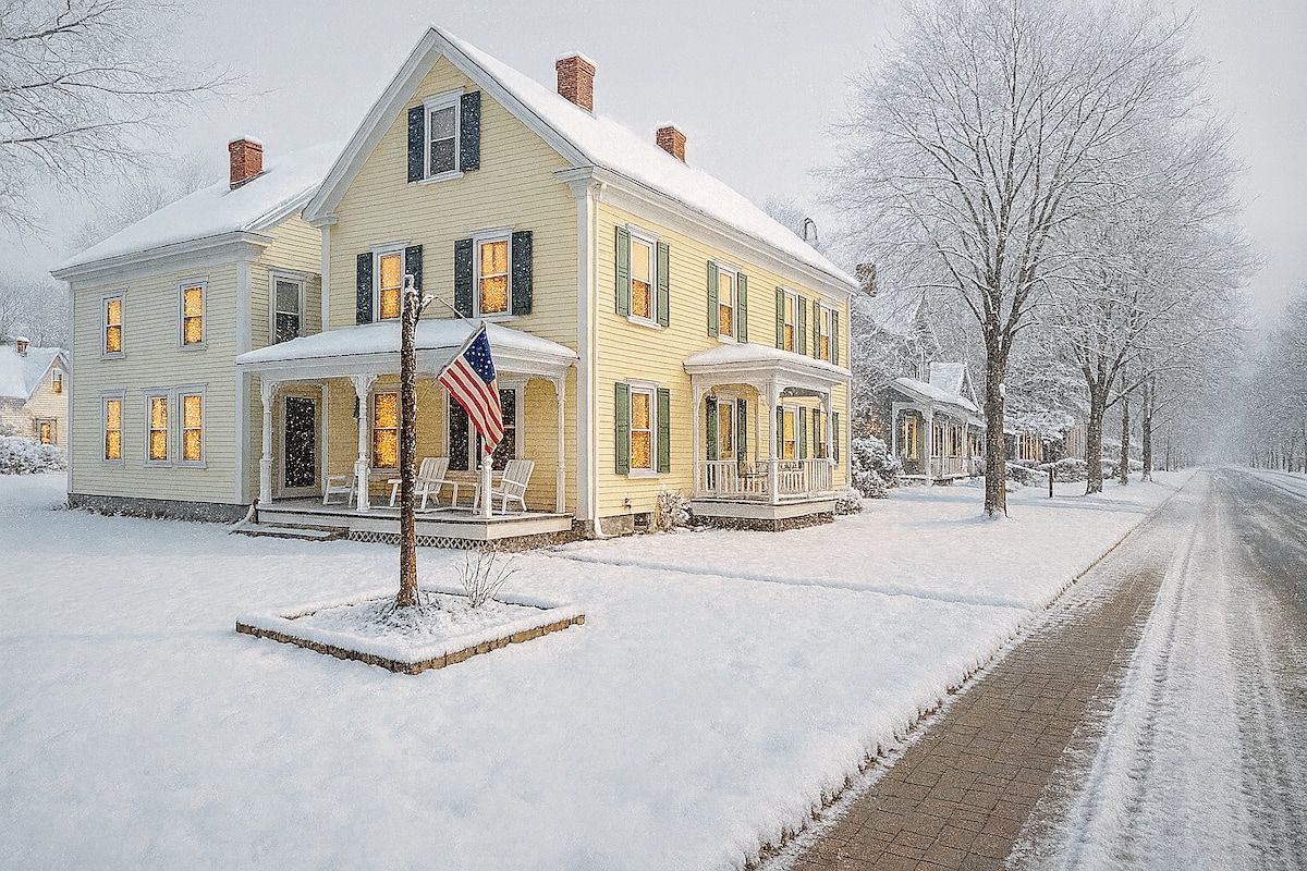 A large yellow house with a covered front porch and an American flag in the snow.
