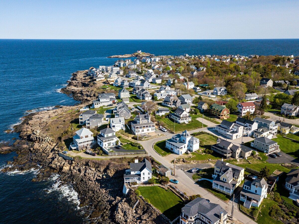 Aerial view of a coastal neighborhood with houses and ocean views