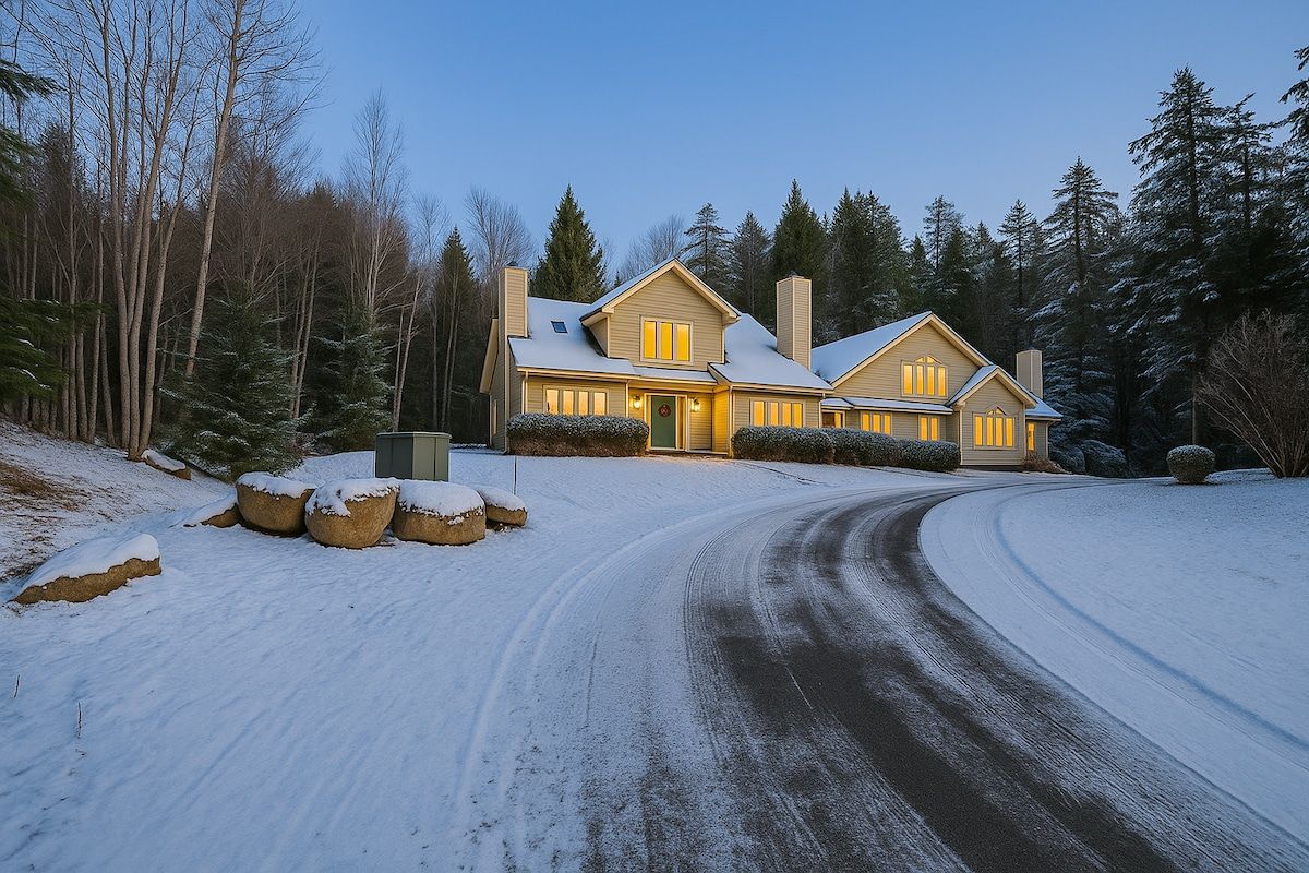 A large house with a snow-covered roof and driveway, surrounded by trees.