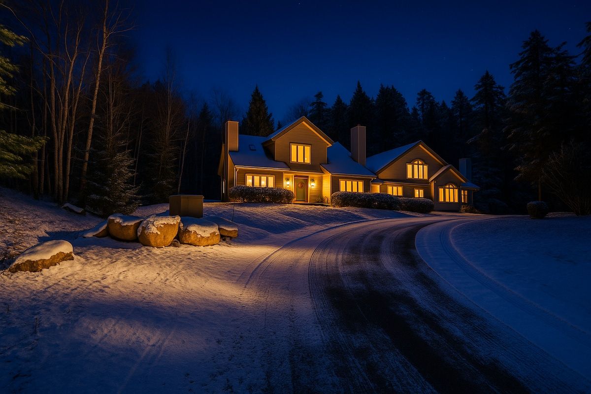 A large house with warm lighting in a snowy landscape at night.